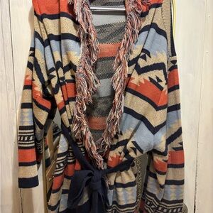 Aztec Patterned Women's Sweater with Fringe